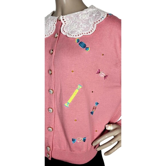 Royal Monk 50s Pink Lace Collar Candy Embroidered Opal Button Cardigan Sweater - Picture 8 of 14